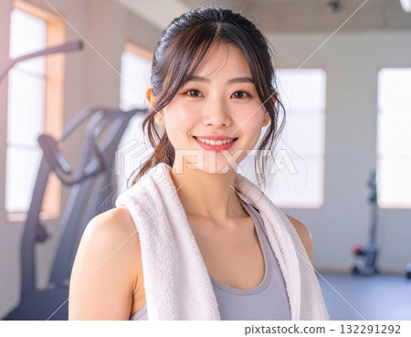 Fitness portrait of a woman with a towel around her neck Fitness portrait of a woman with a towel around her neck 132291292