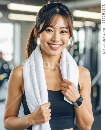 脖子上圍著毛巾的女人的健身肖像 脖子上圍著毛巾的女人的健身肖像 132291308