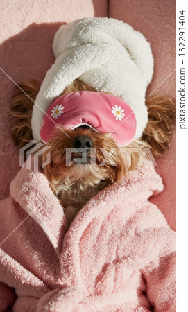 Relaxing yorkshire terrier in spa robe with towel and sleep mask 132291404