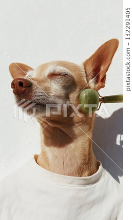 Chihuahua enjoying jade roller face massage in sunlight Chihuahua enjoying jade roller face massage in sunlight 132291405