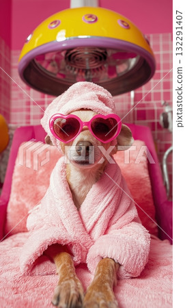 Chihuahua in pink spa robe and heart sunglasses at beauty salon 132291407