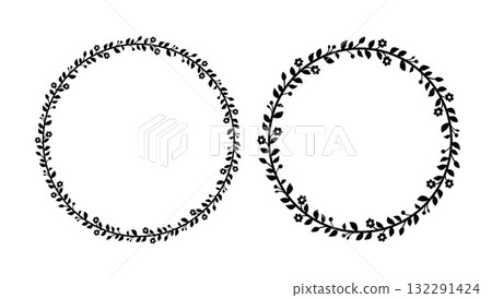 Delicate circular frame of flowers and leaves drawn with thin lines. 132291424