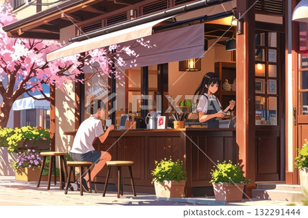Cafe shop at the street with sunlight anime style Cafe shop at the street with sunlight anime style 132291444