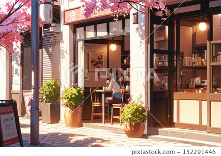 Cafe shop at the street with sunlight anime style Cafe shop at the street with sunlight anime style 132291446