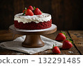 Red velvet cake with strawberry on white stand 132291485