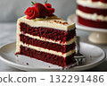 Closeup sliced red velvet cheese cake on white plate 132291486