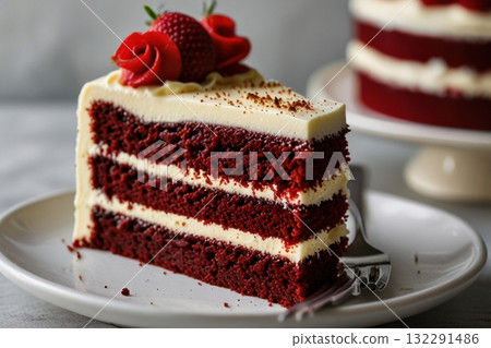 Closeup sliced red velvet cheese cake on white plate Closeup sliced red velvet cheese cake on white plate 132291486