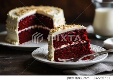 Closeup sliced red velvet cheese cake on white plate Closeup sliced red velvet cheese cake on white plate 132291487