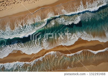 Top view of beach with big sea waves Top view of beach with big sea waves 132291488