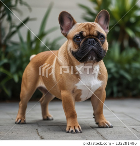 French bulldog standing portrait shot in the garden French bulldog standing portrait shot in the garden 132291490