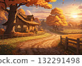 Illustration of wood house with trees and sunrise sky 132291498