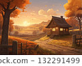 Illustration of wood house with trees and sunrise sky 132291499