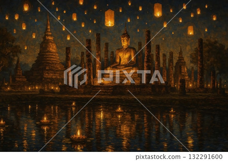 Sukhothai Temple Loy Krathong Night Painting 132291600
