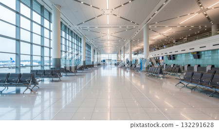 Empty modern airport terminal hall with panoramic windows for concept of travel, transportation, or global business 132291628