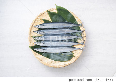 Fresh pacific saury served on a bamboo basket 132291634