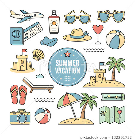Summer stickers set. Tropical vacation on beach scrapbooking collection. Plane, ticket, sunscreen and other travel elements. Modern cartoon concept. illustration design. 132291732