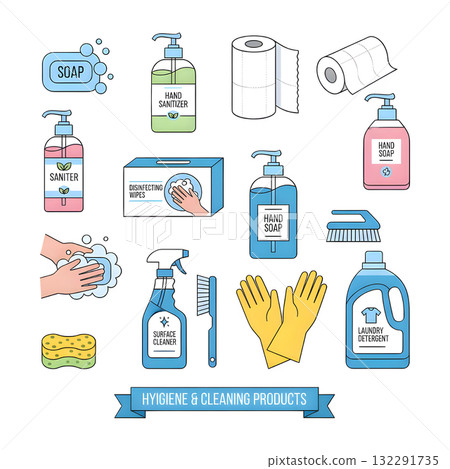 Hygiene Icons Set. Soap, Antiseptic Gel, Cleaning Tissues and other Hygienic Products. Washing Hand with Soap. Cleaning Products Signs Collection. illustration design. Hygiene Icons Set. Soap, Antiseptic Gel, Cleaning Tissues and other Hygienic Products. Washing Hand with Soap. Cleaning Products Signs Collection. illustration design. 132291735