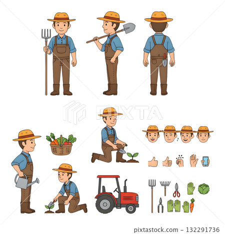 Farmer or gardener worker wearing overall uniform holding work tool. Character for animation. illustration design. Farmer or gardener worker wearing overall uniform holding work tool. Character for animation. illustration design. 132291736