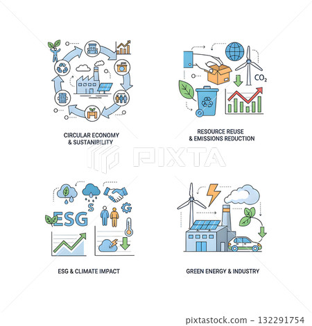 Circular economy illustration set. Sustainable economic growth with renewable energy and natural resources. Green energy, sustainable industry and manufacturing concept. illustration design. Circular economy illustration set. Sustainable economic growth with renewable energy and natural resources. Green energy, sustainable industry and manufacturing concept. illustration design. 132291754