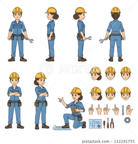 Industrial technician worker wearing helmet, overall uniform holding wrench tool. Character for animation. illustration design. Industrial technician worker wearing helmet, overall uniform holding wrench tool. Character for animation. illustration design. 132291755