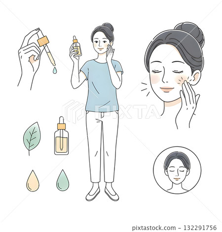 Girl applying facial serum set. Collection of woman using pipette dropper oil on her face and massaging skin. Beauty and skincare routine concept. illustration design. Girl applying facial serum set. Collection of woman using pipette dropper oil on her face and massaging skin. Beauty and skincare routine concept. illustration design. 132291756