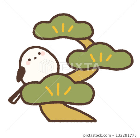 一隻長尾山雀坐在松樹上的插圖 132291773