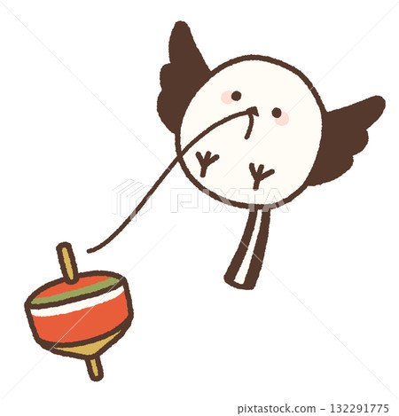 Illustration of a long-tailed tit playing a spinning top 132291775