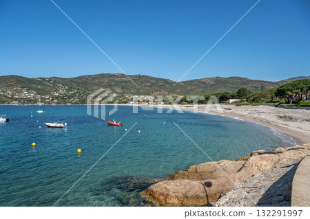 Spectacular view Golf at Sagone Corsica France beautyful sand Beach boats mountain village Tourism and vacations concept Spectacular view Golf at Sagone Corsica France beautyful sand Beach boats mountain village Tourism and vacations concept 132291997