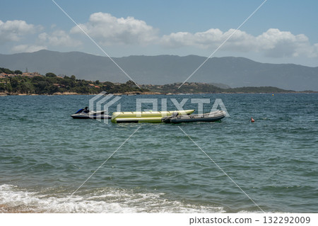 Spectacular view Golf at Sagone Corsica France beautyful sand Beach boats mountain village Tourism and vacations concept Spectacular view Golf at Sagone Corsica France beautyful sand Beach boats mountain village Tourism and vacations concept 132292009