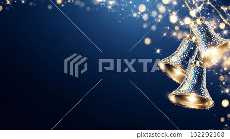 Decorative blue bells with sparkling lights on a dark background for festive celebrations 132292108