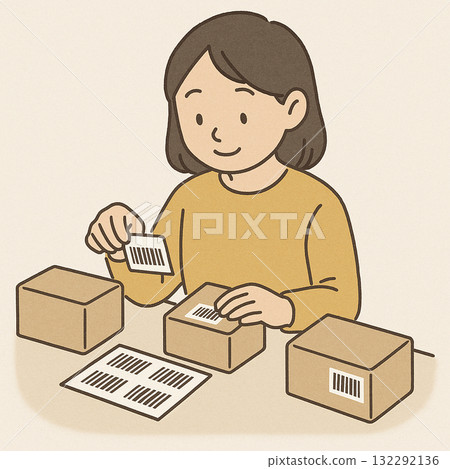 Employment support, vocational training, sticking stickers on boxes 132292136