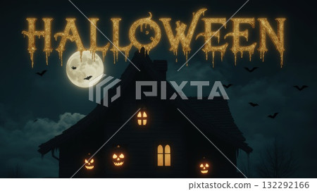 Spooky haunted house with glowing jack-o'-lanterns under a full moon for Halloween celebration 132292166