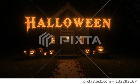 Spooky Halloween scene with glowing pumpkins and eerie house illuminated by night sky 132292167