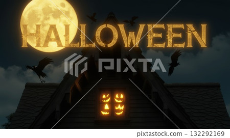 Spooky Halloween scene with glowing jack-o'-lanterns and a full moon in the night sky 132292169