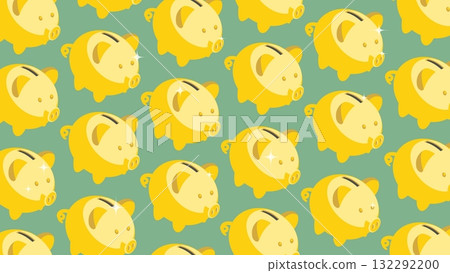 Isometric green money cloth lined with neat rows of golden piggy banks for money and luck. Backdrop for advertising of banking services. 3D vector background top view at an angle Isometric green money cloth lined with neat rows of golden piggy banks for money and luck. Backdrop for advertising of banking services. 3D vector background top view at an angle 132292200