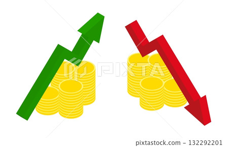 Isometric rise and fall of investing in gold and valuable stock exchange assets. Isolated cartoon vector on white background top view Isometric rise and fall of investing in gold and valuable stock exchange assets. Isolated cartoon vector on white background top view 132292201