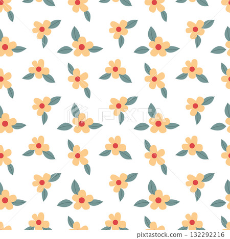 Cute Yellow Floral Seamless Pattern, Minimal Hand Drawn Flower Background 132292216