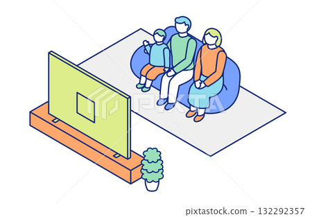 Isometric illustration of a family relaxing on the sofa at home watching TV 132292357