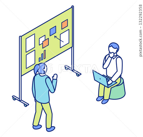 一名男子在白板前進行演示，另一名男子正在聆聽演示的等距插圖 132292358