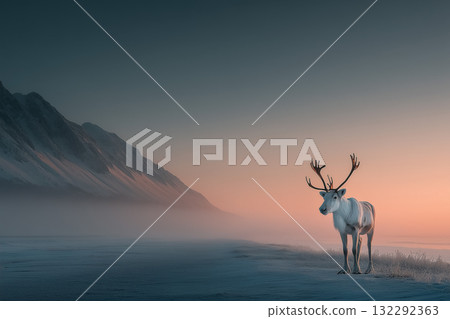 Silhouette of a reindeer walking across a snowy field at sunset | A winter landscape of silence and solitude 132292363