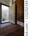 Open Door Entrance with Wooden Floor and Bright Hallway 132292389