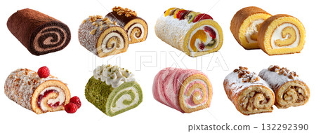 Set of of Swiss roll jelly roulade roll-up sponge cake with jam cream icing fillings, nuts fruit flavour set, on transparent cutout PNG. Many different flavor. Mockup template 132292390