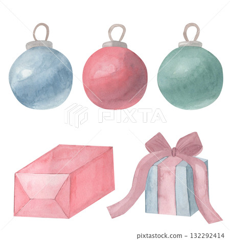 Festive watercolor set from gifts pink and blue boxes, New Year's Christmas set balls. Design for Christmas holiday. Watercolor hand draw illustration isolated. For invitations, cards, seasonal decor 132292414