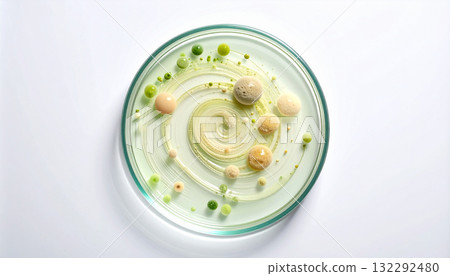 A top-down view of a petri dish with a cosmetic gel swirl and green particles on a white background. 132292480