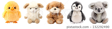 Set of fur plush stuffed animal toy on transparent background cutout, PNG file. Many assorted different design. Mockup template for artwork graphic design 132292490