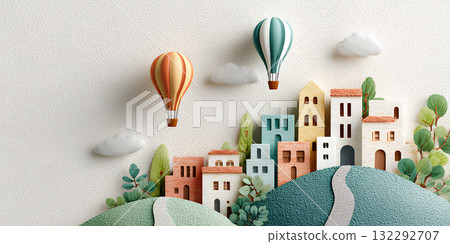 Town with Airships Flying Over the Hill (3D) 132292707