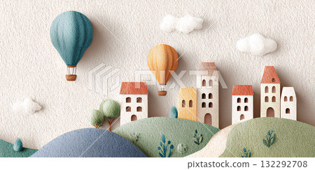 飛艇飛過山丘的小鎮（3D） 132292708