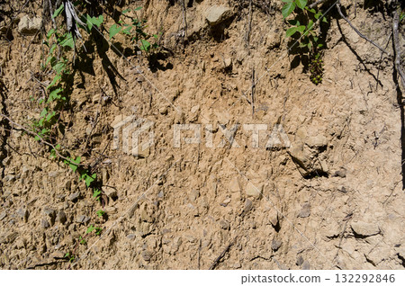 A detailed view of a quarry that is no longer in use. A detailed view of the crumbling remains of stone quarrying. A detailed view of a quarry that is no longer in use. A detailed view of the crumbling remains of stone quarrying. 132292846