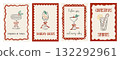 Set of four retro Christmas cocktail cards with doodle-style festive drinks, citrus and candy cane garnish, and playful red borders. Whimsical holiday greeting design. Vector illustration. 132292961