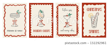 Set of four retro Christmas cocktail cards with doodle-style festive drinks, citrus and candy cane garnish, and playful red borders. Whimsical holiday greeting design. Vector illustration. Set of four retro Christmas cocktail cards with doodle-style festive drinks, citrus and candy cane garnish, and playful red borders. Whimsical holiday greeting design. Vector illustration. 132292961